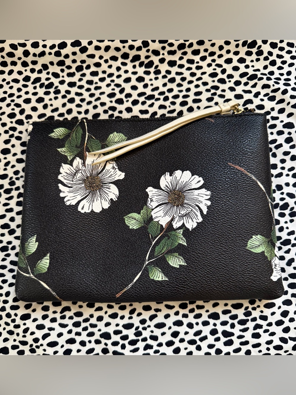 Banana Republic Black Floral Wristlet/Pouch with Ivory Strap
